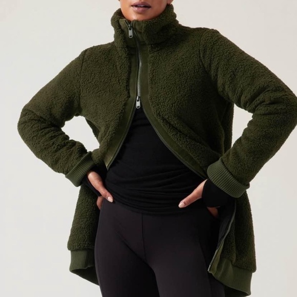 Athleta Tugga Coat Forest Green Sherpa Teddy Jacket Zip Up Velvet Trim XS NWT - Picture 4 of 7